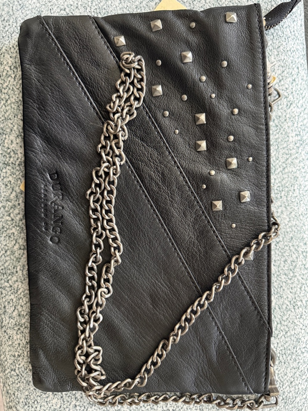 Black Studded Leather Crossbody Clutch with Gunmetal Chain